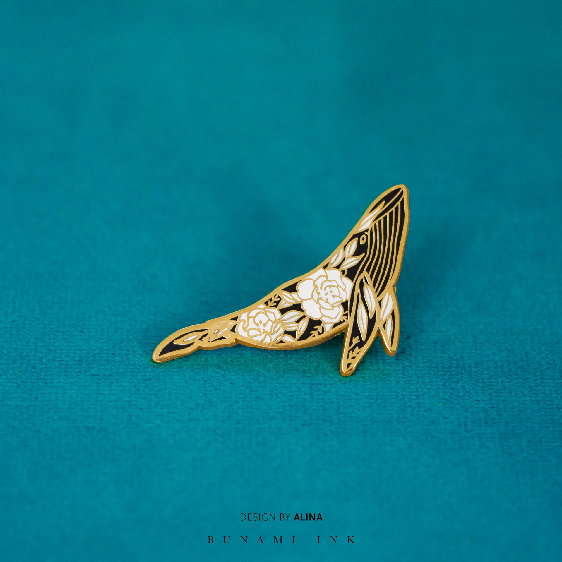 Floral whale hard enamel tattoo design pin by Alina