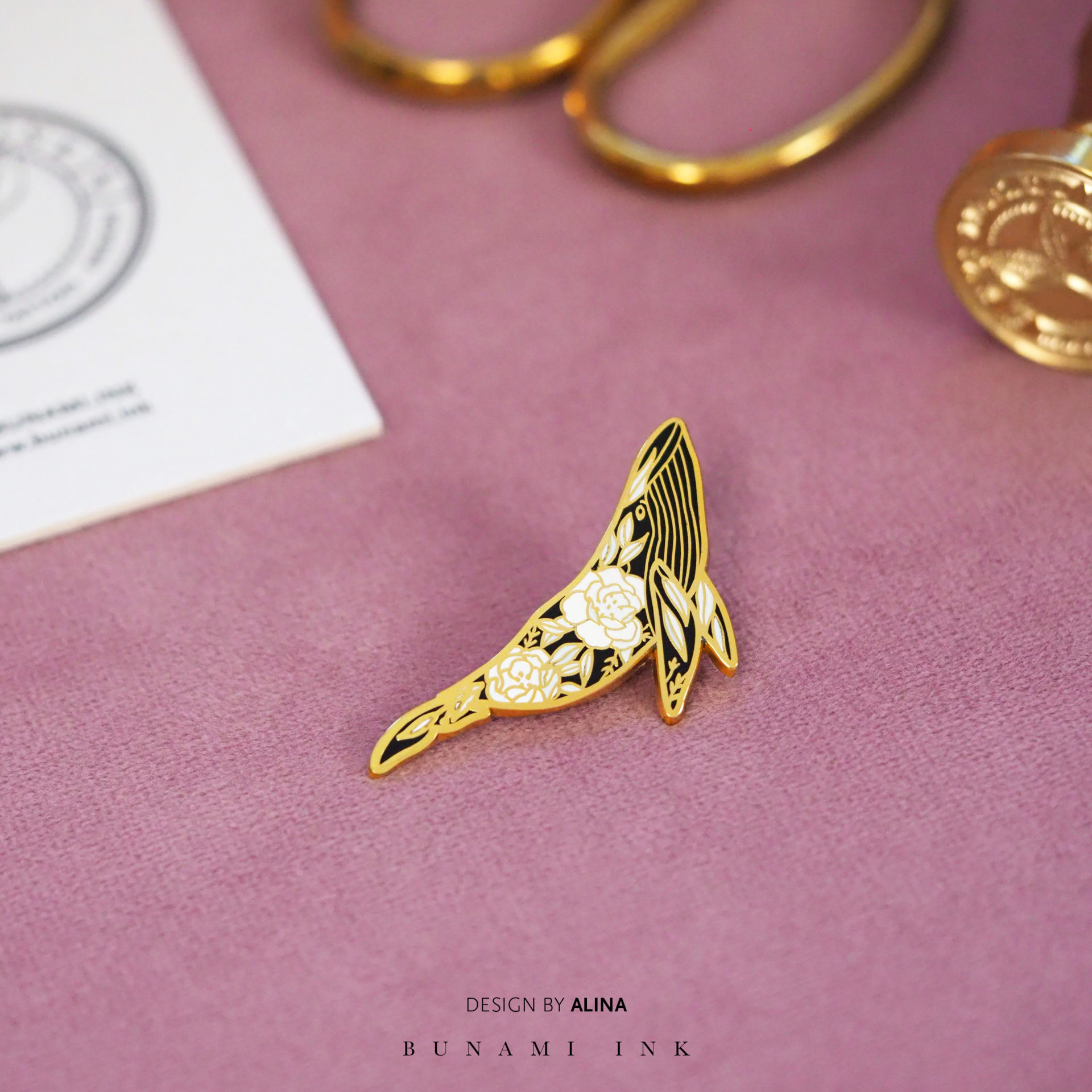 Floral whale hard enamel tattoo design pin by Alina