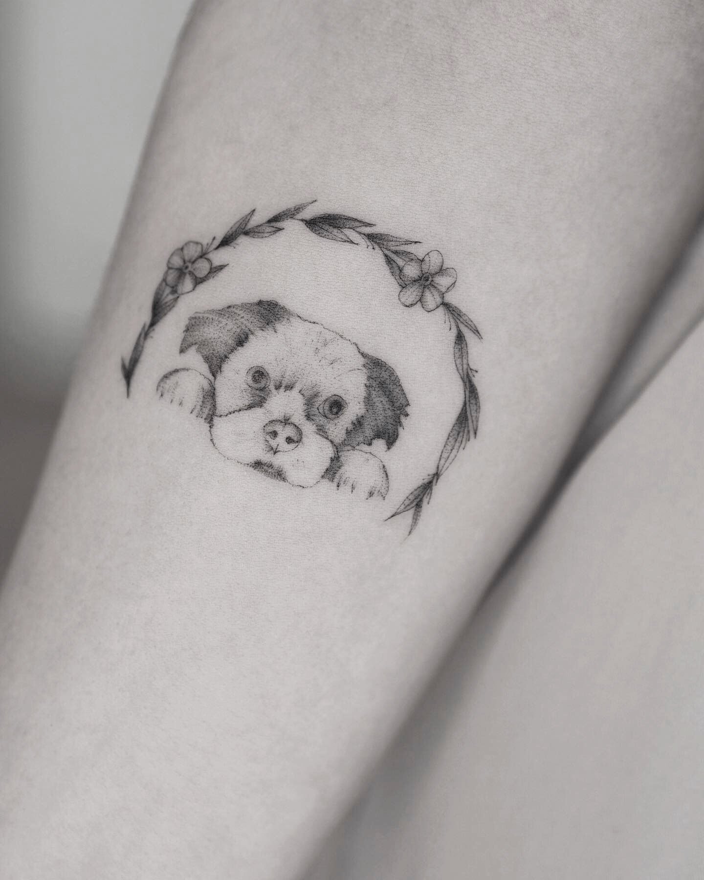 Floral dog fineline singleneedle tattoo by Alina BUNAMI INK