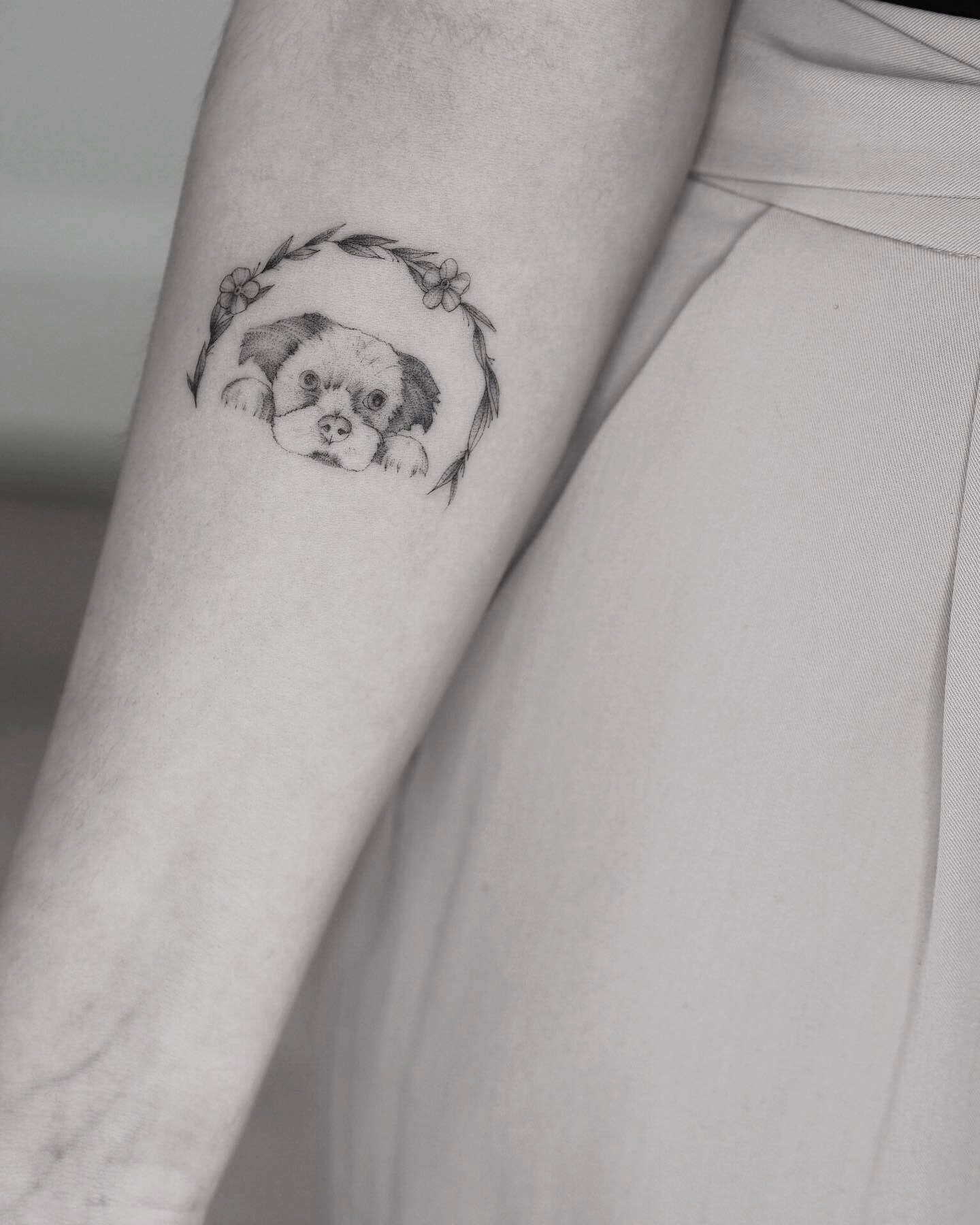 Floral dog fineline singleneedle tattoo by Alina BUNAMI INK