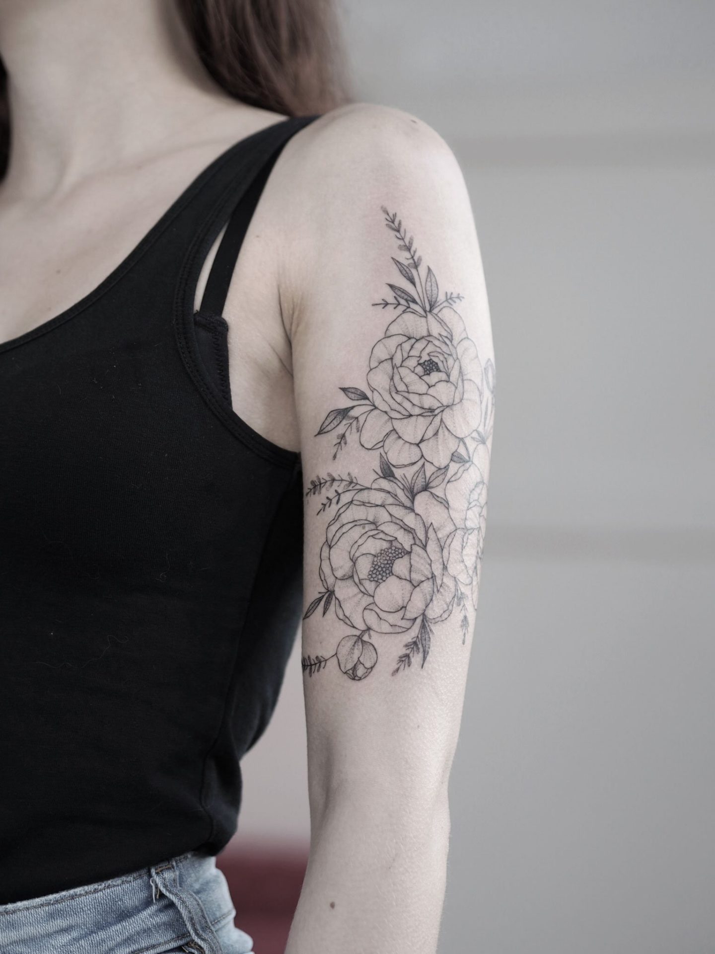 Peony sleeve fineline tattoo by Alina BUNAMI INK