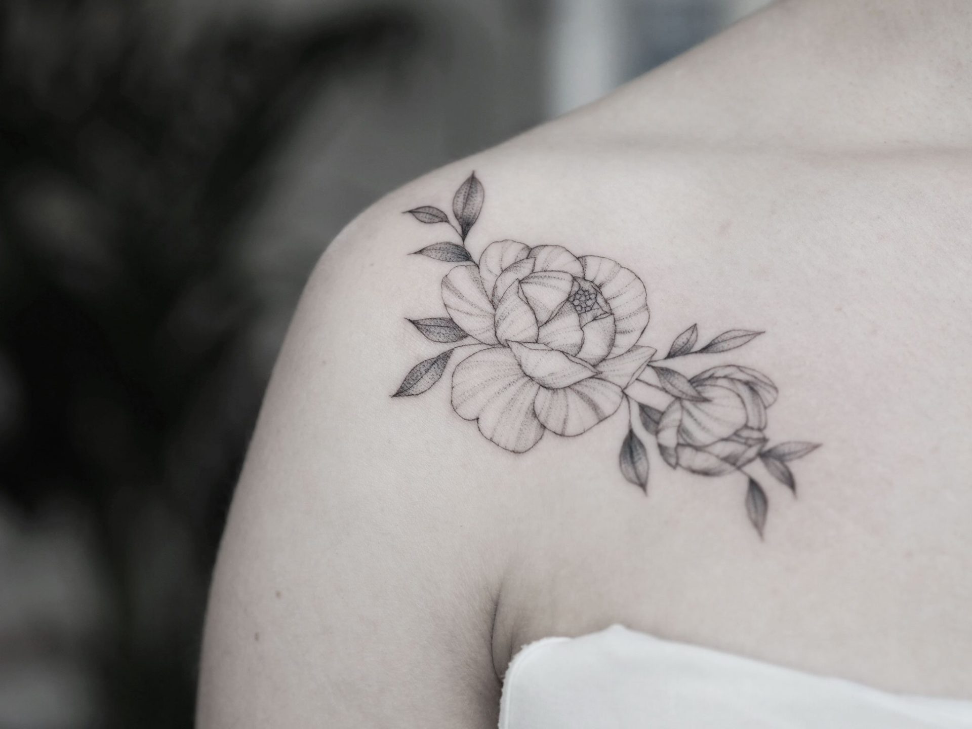 Tiny peonies fineline tattoo by Alina BUNAMI INK