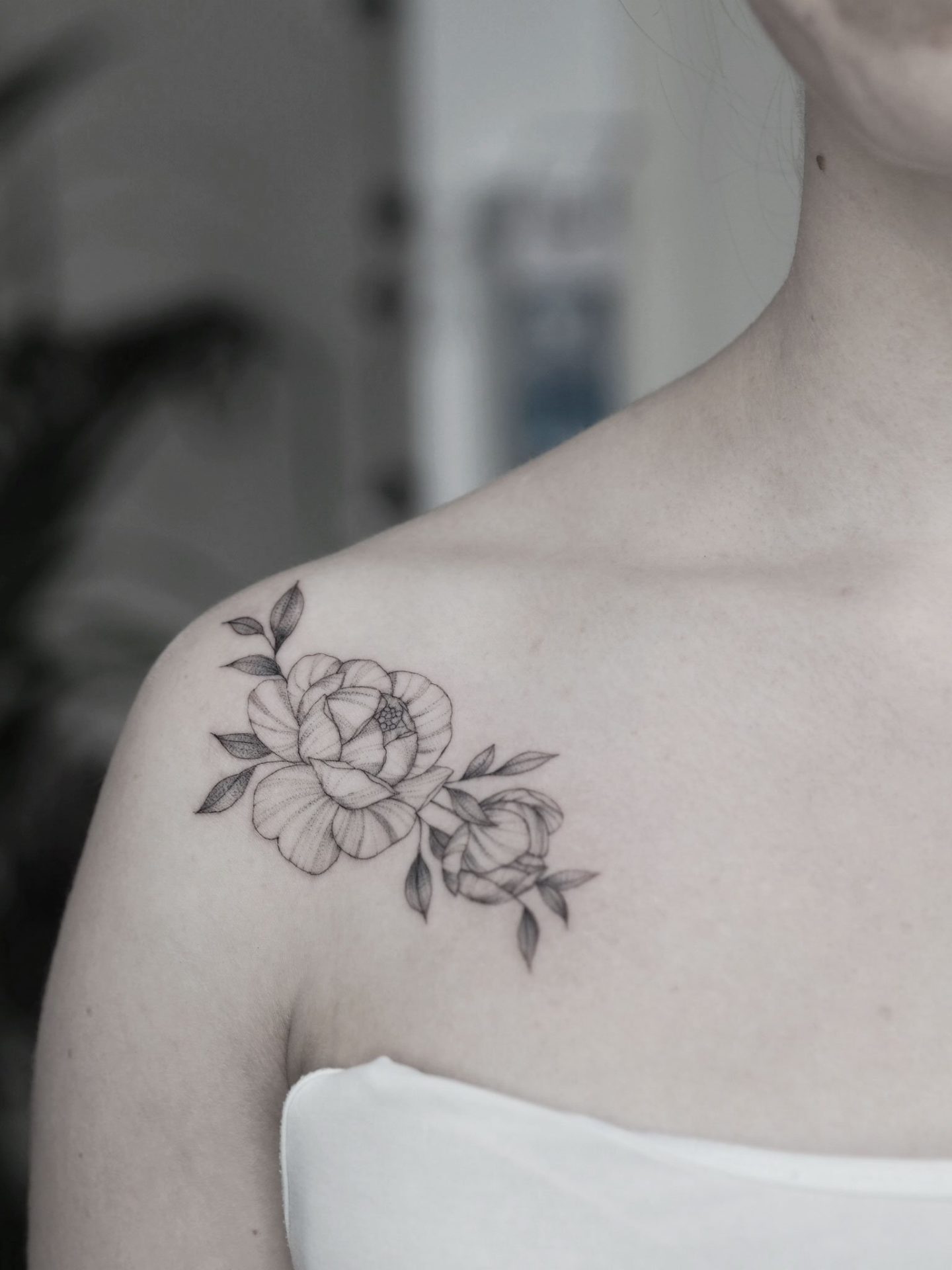Tiny peonies fineline tattoo by Alina BUNAMI INK