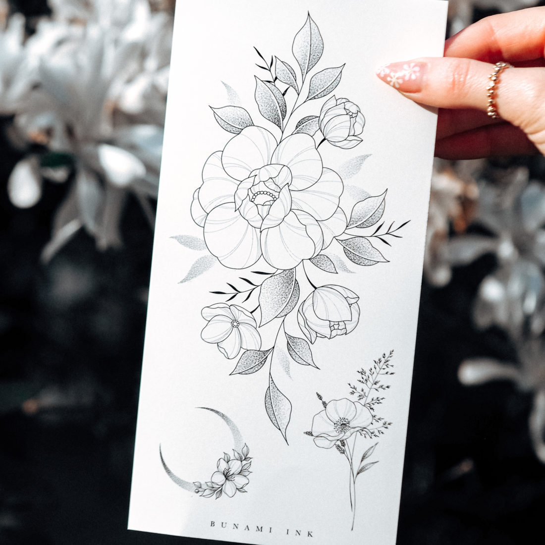 Temporary Tattoo Pfingstrose, Wildblumen Sträusschen & floraler Mond by Alina BUNAMI INK