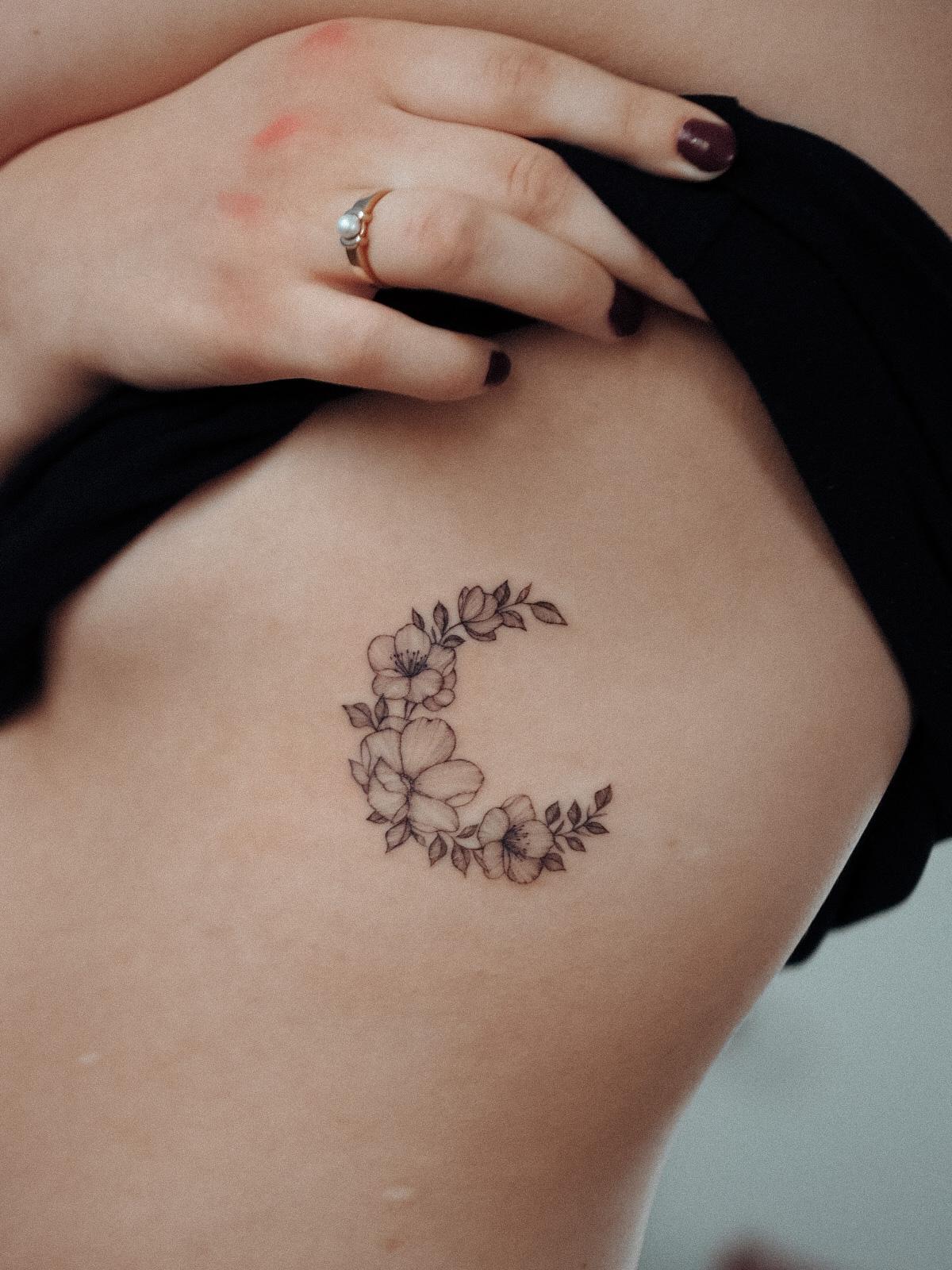 Wildrose cherry blossom-moon ribtattoo by Alina BUNAMI INK