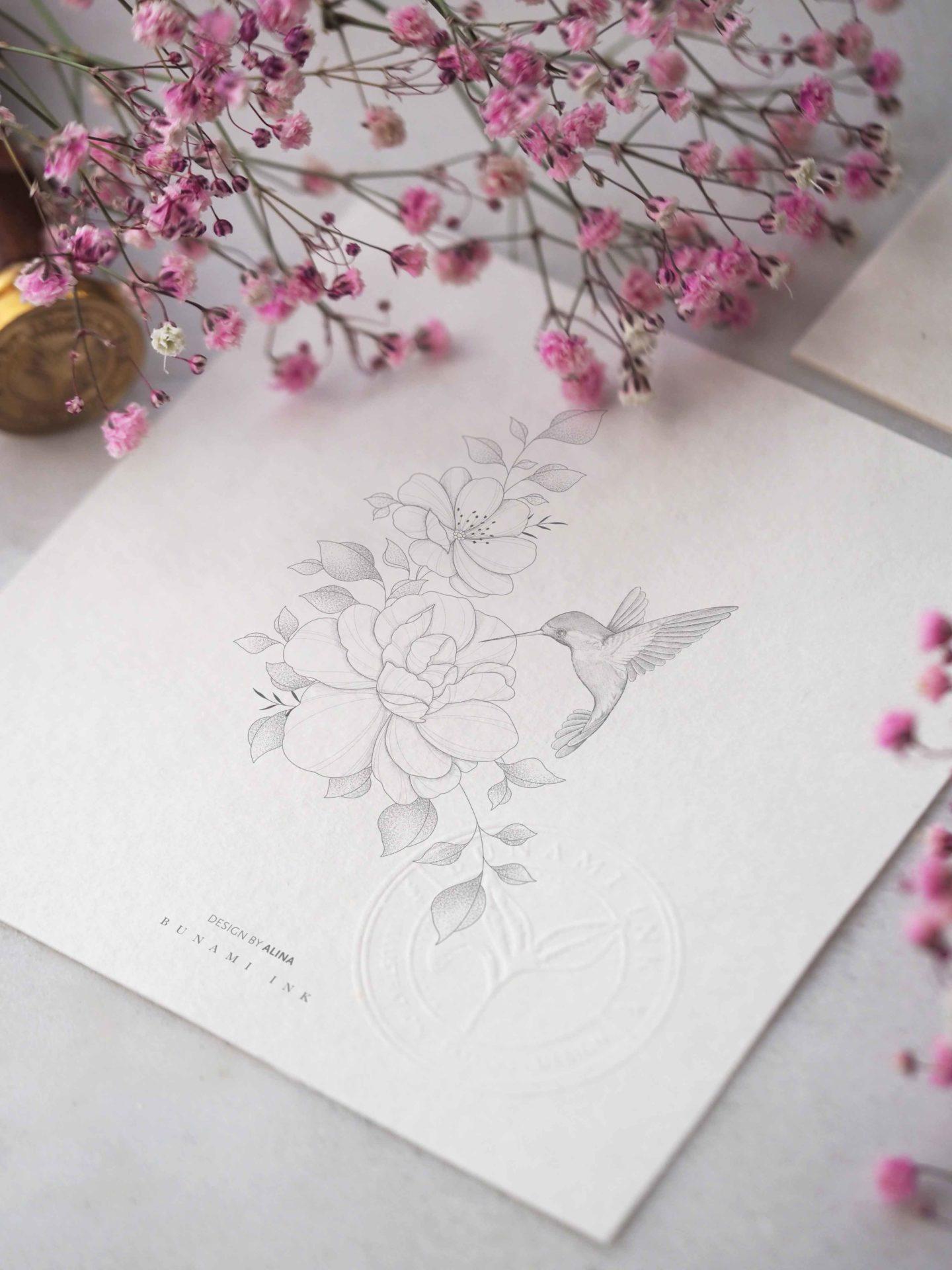 Peony-Cosmea-and-Hummingbird-Floral_BUNAMI-INK