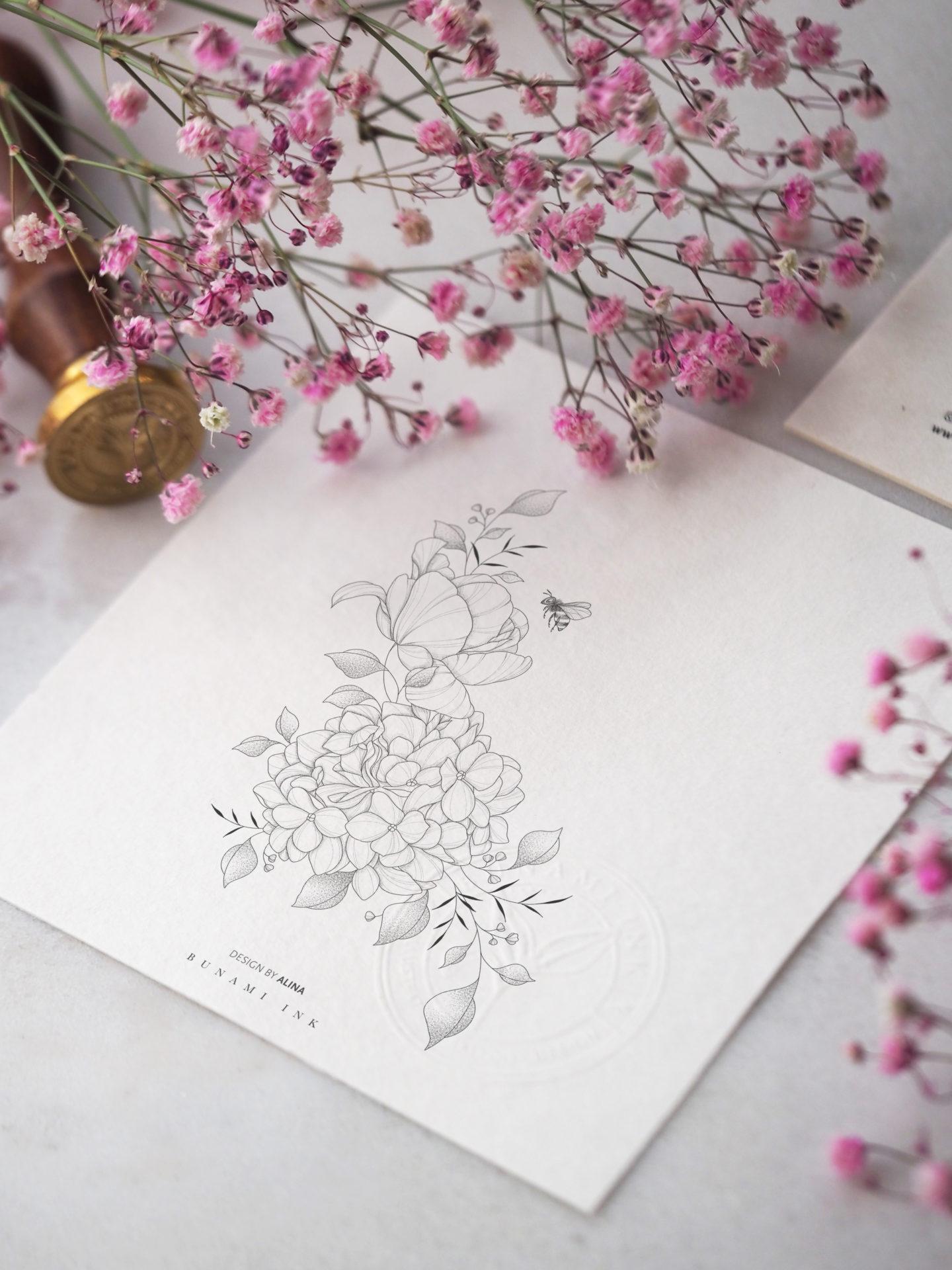 Hydrangea, tulip & bee floral by Alina BUNAMI INK 2022-11-04