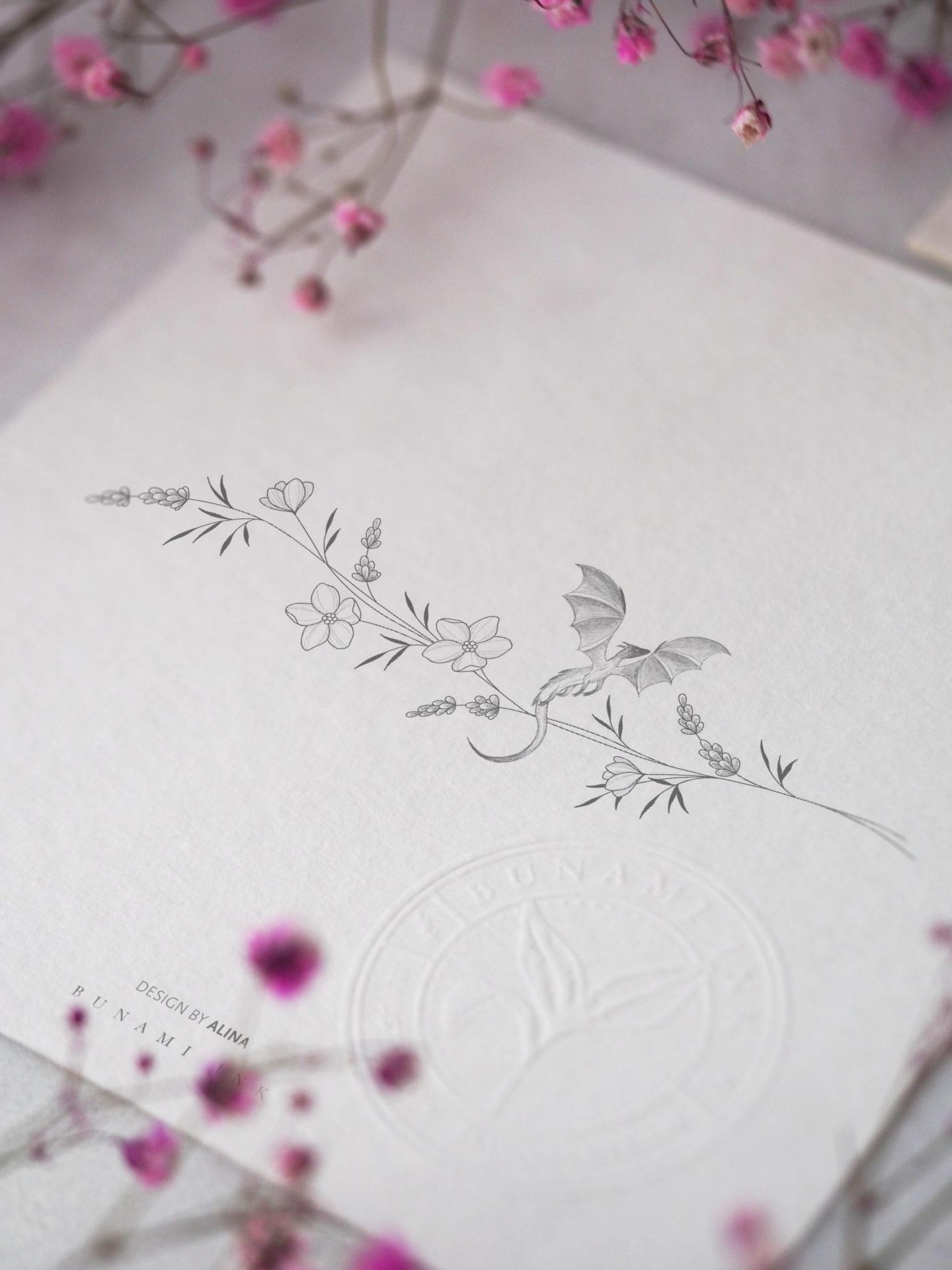 Dragon, forget-me-not & lavender bracelet by Alina BUNAMI INK 2023-06-26