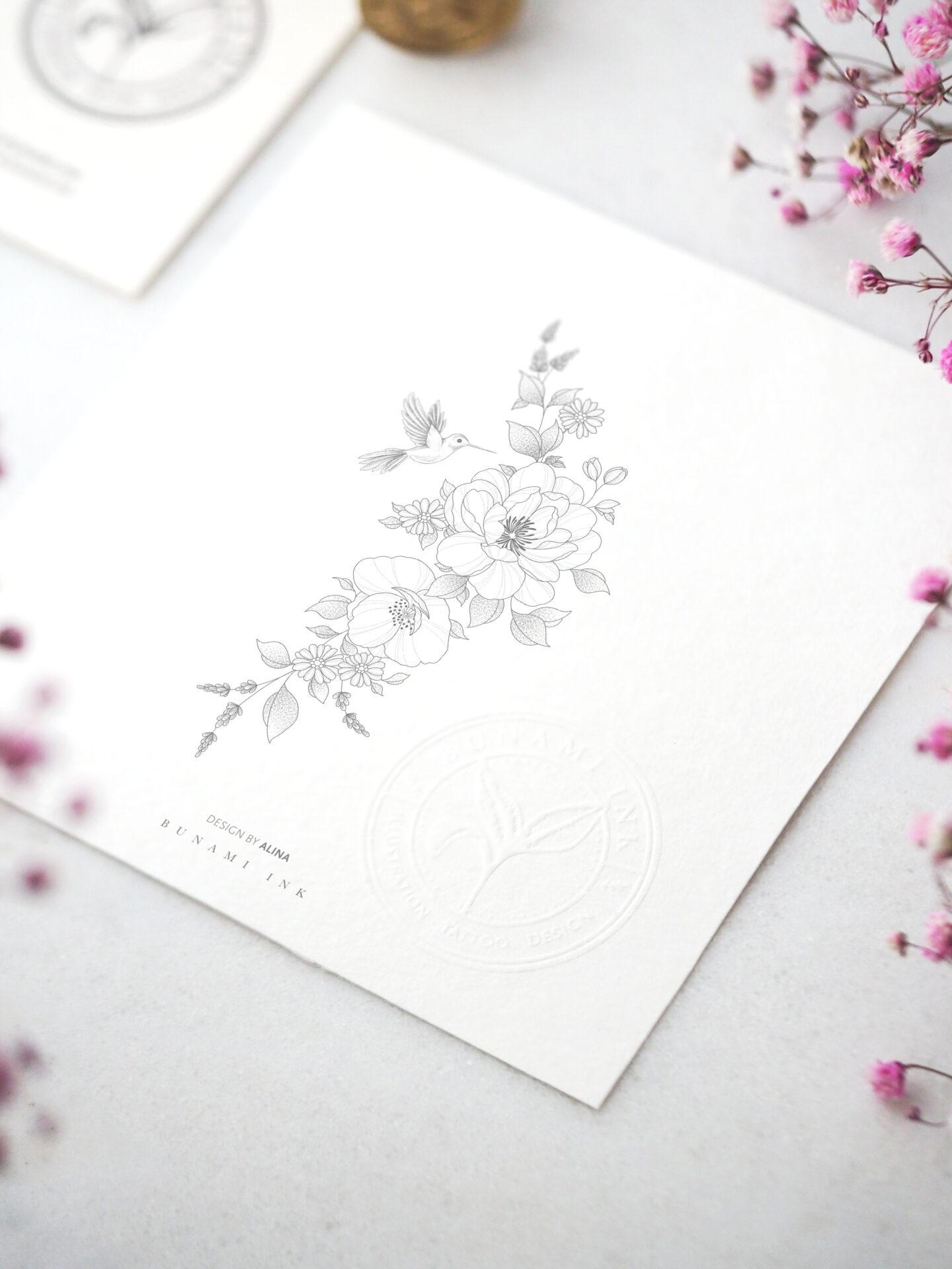Hummingbird & wild flower floral by Alina BUNAMI INK 2023-07-28