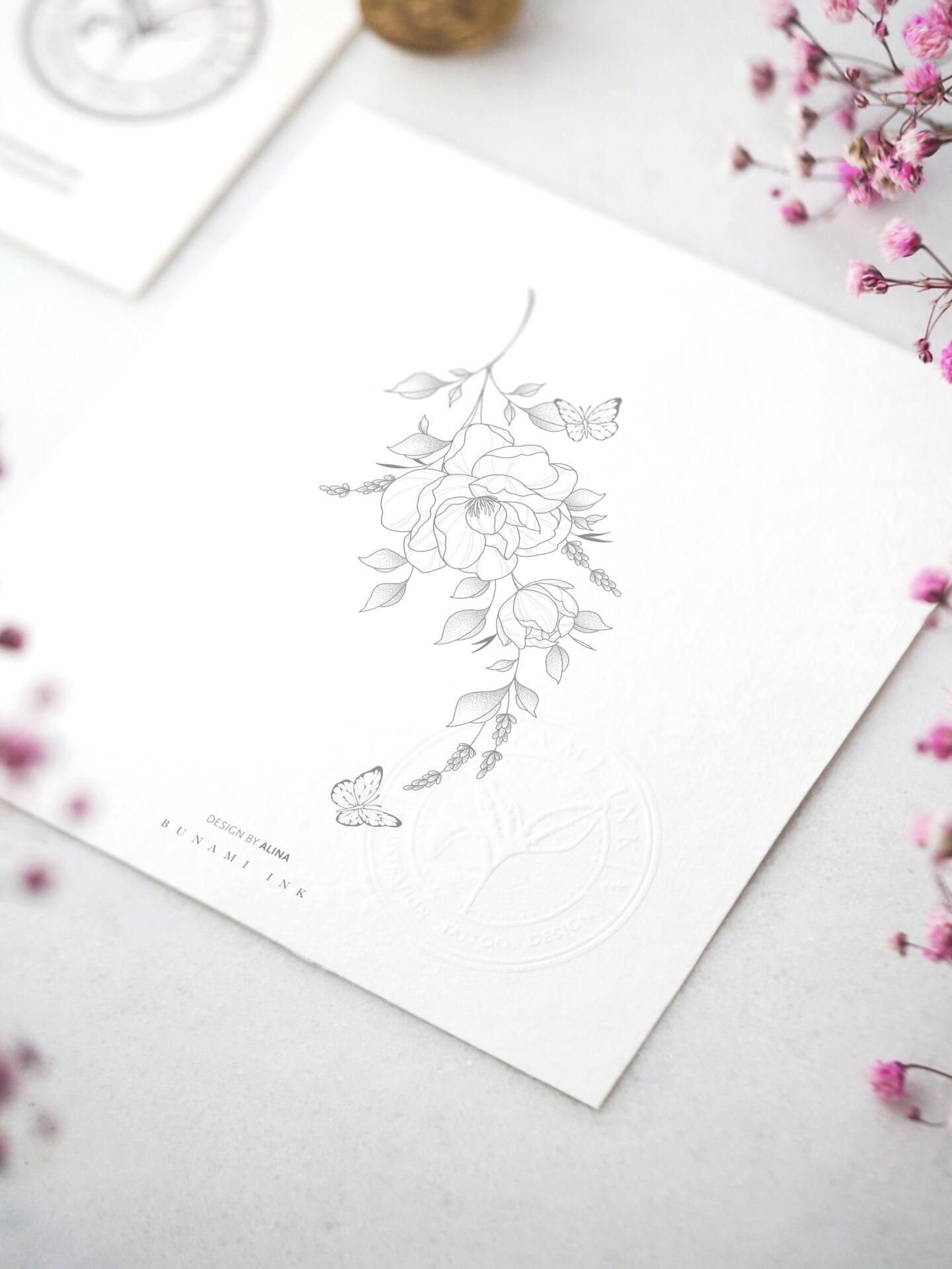 Big peony branch & butterflies by Alina BUNAMI INK 2023-12-13