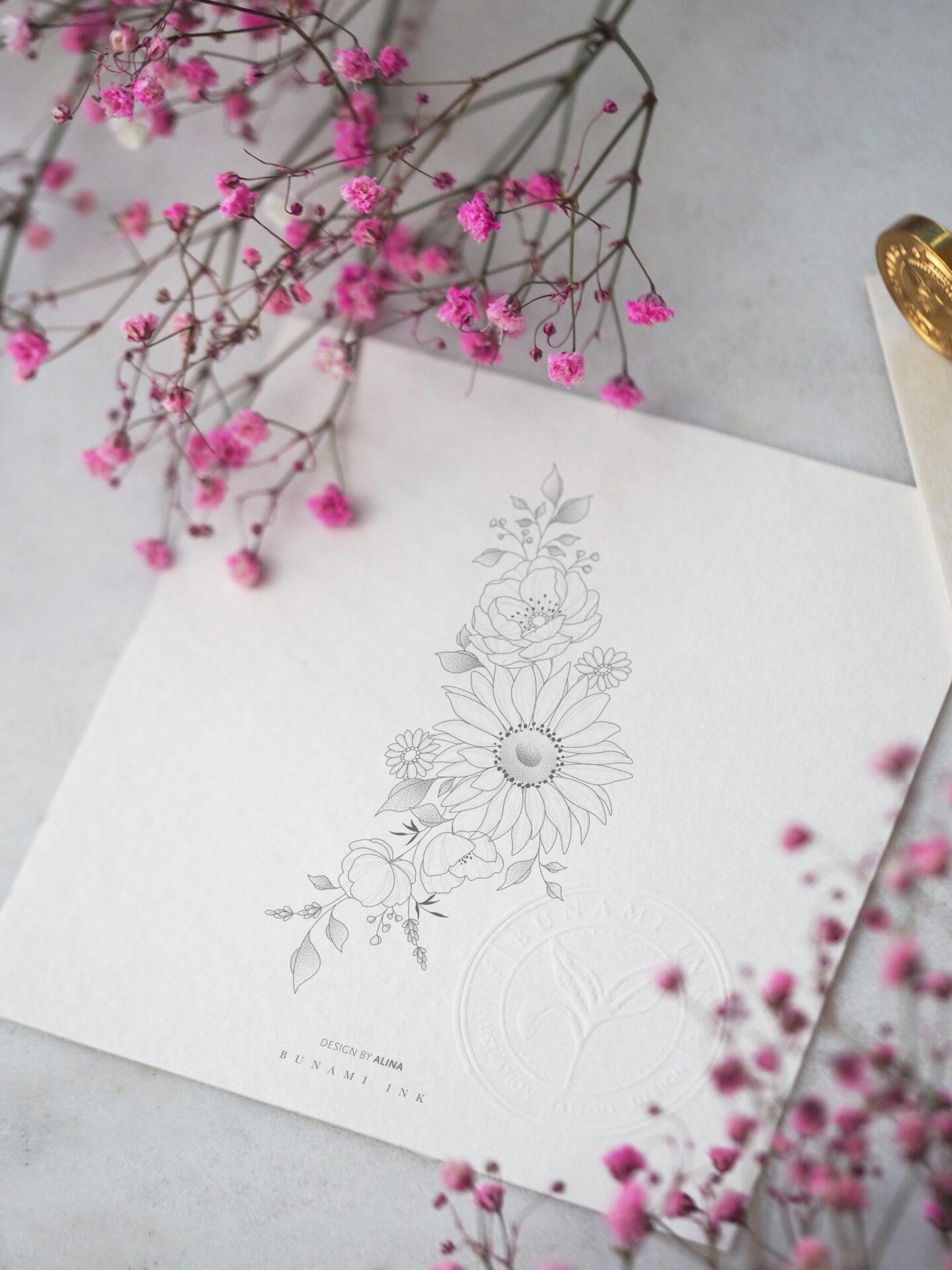 Sunflower, daisy & wild rose floral by Alina BUNAMI INK 2024-04-12