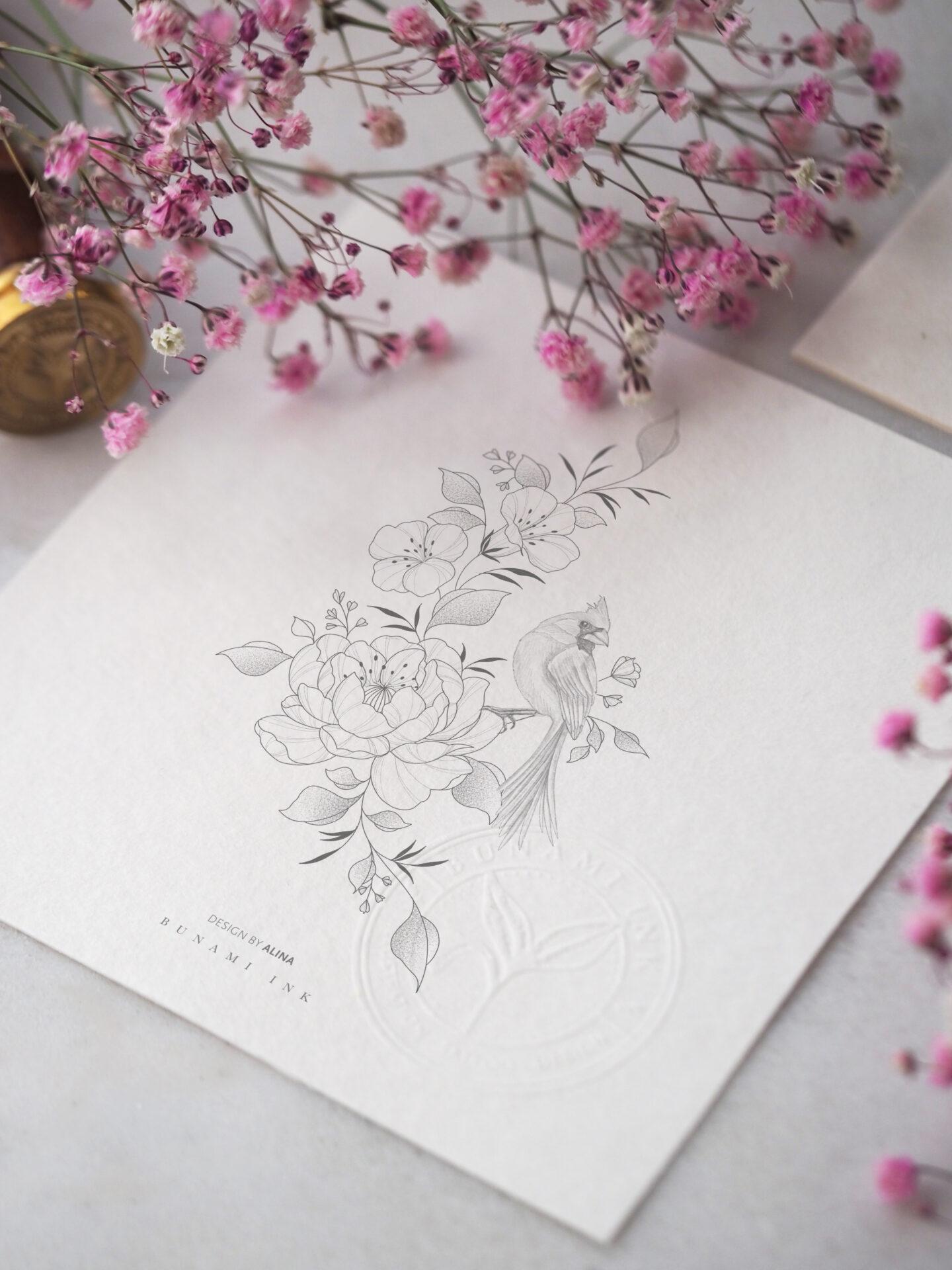 Cardinal & peony floral by Alina BUNAMI INK 2025-02-19