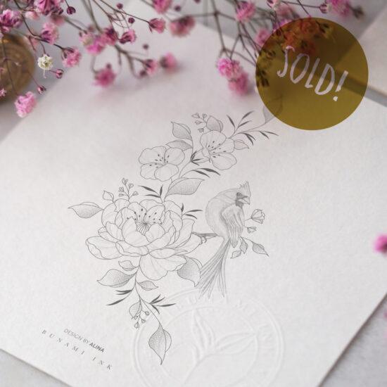 Cardinal & peony floral by Alina BUNAMI INK 2025-02-19_sold